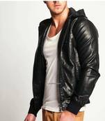 Men's black genuine leather smart casual wear hoodies jacket