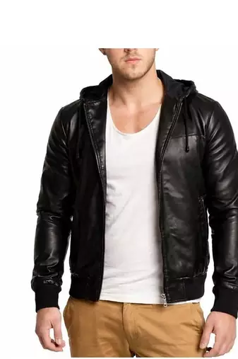 Men's black genuine leather smart casual wear hoodies jacket