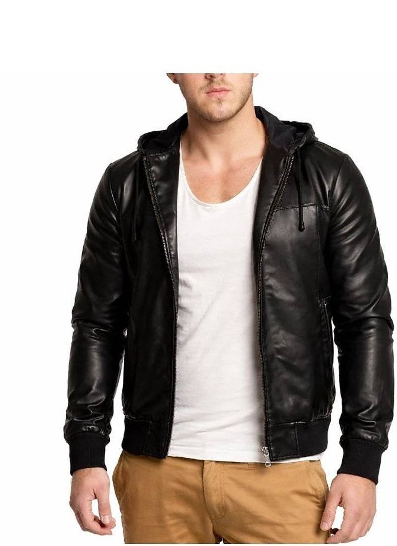 Men's black genuine leather smart casual wear hoodies jacket