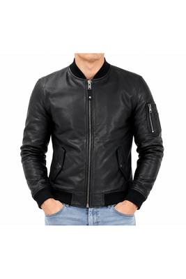 Men's black leather iconic look real lambskin bomber jacket 1