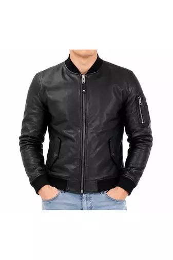 Men's black leather iconic look real lambskin bomber jacket