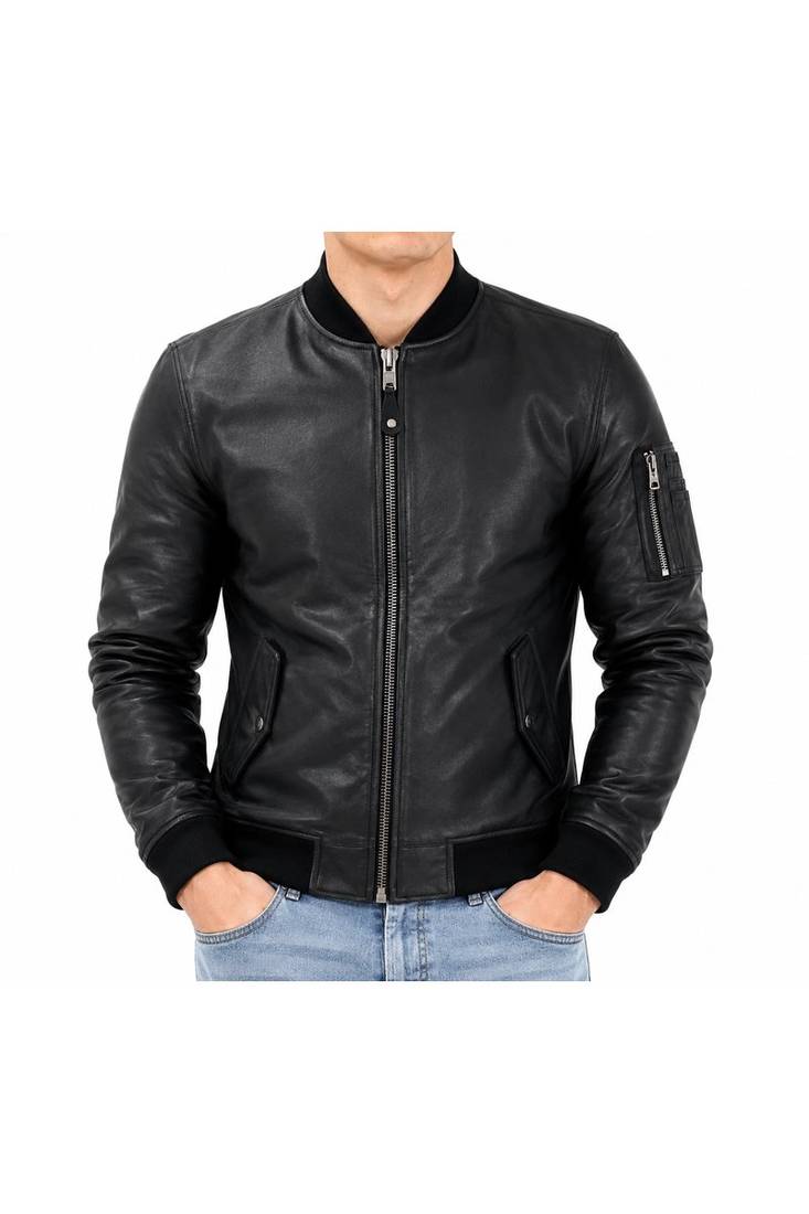 Men's black leather iconic look real lambskin bomber jacket