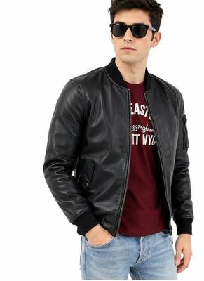 Men's black leather iconic look real lambskin bomber jacket 2