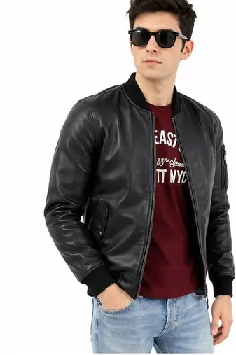 Men's black leather iconic look real lambskin bomber jacket