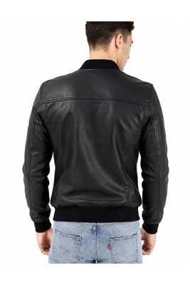 Men's black leather iconic look real lambskin bomber jacket 3