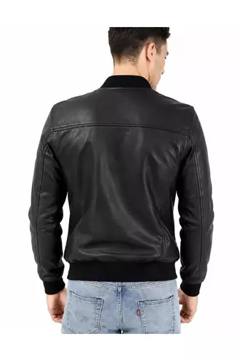 Men's black leather iconic look real lambskin bomber jacket