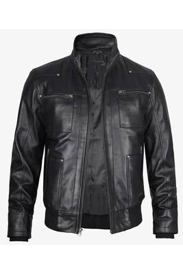Men's biker black leather urban fashion casual bomber zip jacket 1