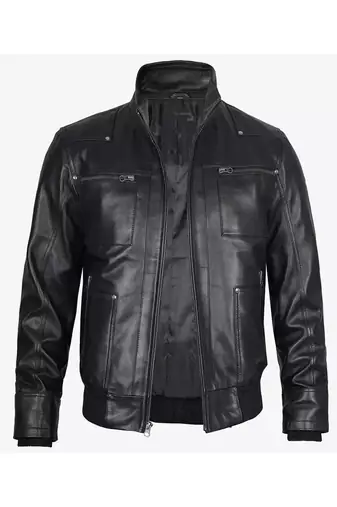 Men's biker black leather urban fashion casual bomber zip jacket