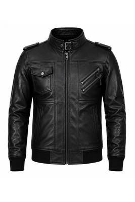 Men's black genuine leather daily wear flap pocket style bomer jacket 1