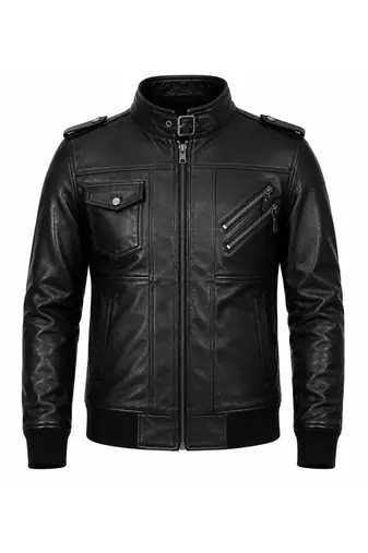 Men's black genuine leather daily wear flap pocket style bomer jacket