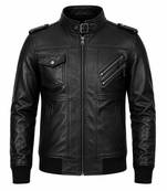 Men's black genuine leather daily wear flap pocket style bomer jacket