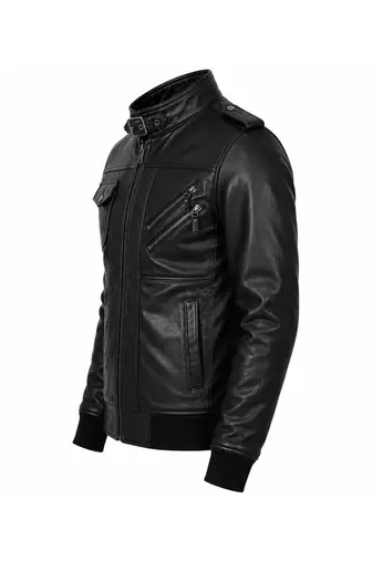 Men's black genuine leather daily wear flap pocket style bomer jacket