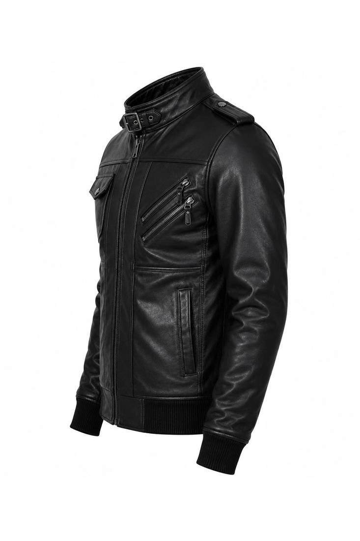 Men's black genuine leather daily wear flap pocket style bomer jacket