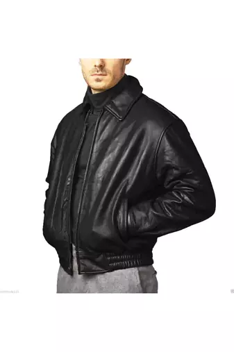 Men black leather signature look real geuine 80's style elastic jacket