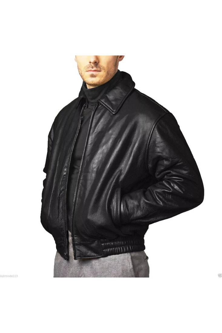 Men black leather signature look real geuine 80's style elastic jacket