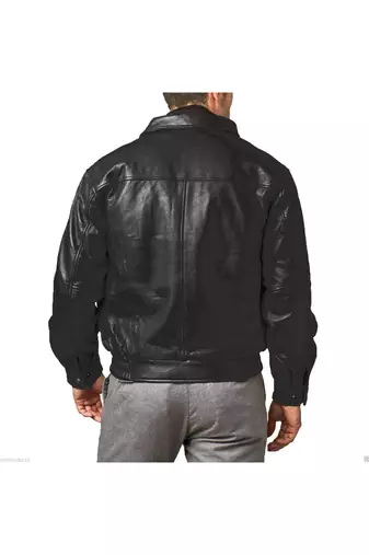 Men black leather signature look real geuine 80's style elastic jacket
