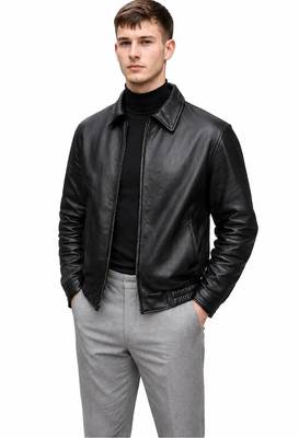 Men black leather signature look real geuine 80's style elastic jacket 3