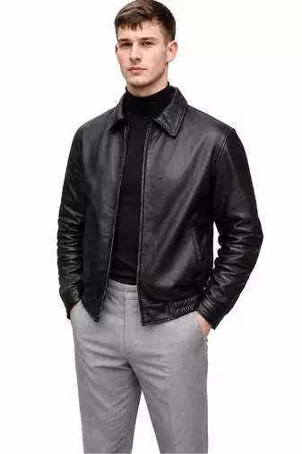 Men black leather signature look real geuine 80's style elastic jacket