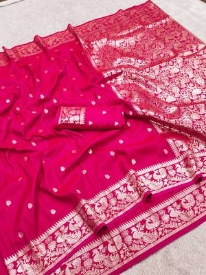 Pink soft silk blend saree with zari weaving meenakari design 5