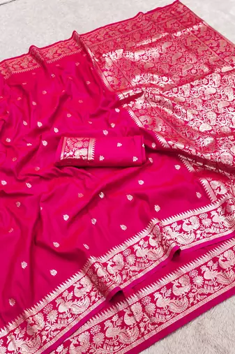 Pink soft silk blend saree with zari weaving meenakari design