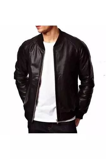 Men's black leather classic design genuine lambskin bomber jacket
