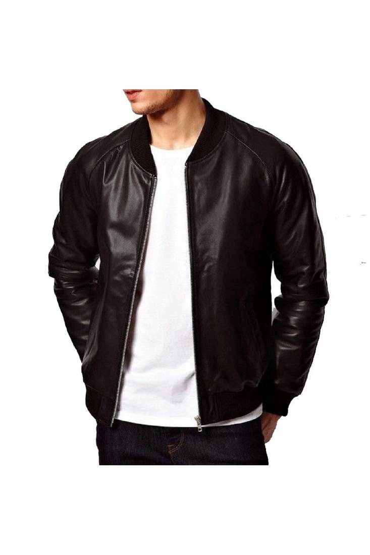 Men's black leather classic design genuine lambskin bomber jacket