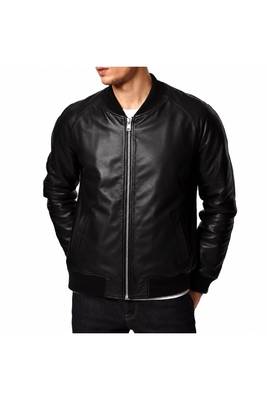 Men's black leather classic design genuine lambskin bomber jacket 2