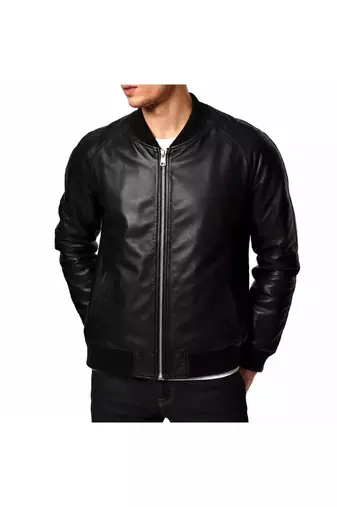 Men's black leather classic design genuine lambskin bomber jacket