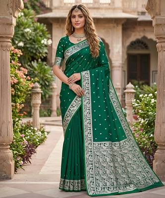 Green soft silk blend saree with zari weaving meenakari design 1