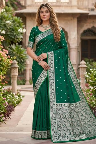 Green soft silk blend saree with zari weaving meenakari design