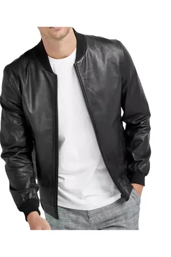 Men's leather jacket premium finish genuine black casual bomber jacket