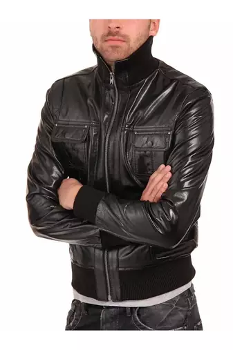 Men's black real leather everyday wear stylish bomber jacket