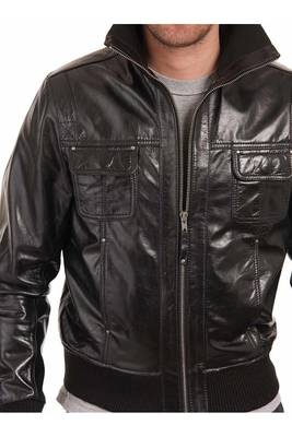 Men's black real leather everyday wear stylish bomber jacket 2