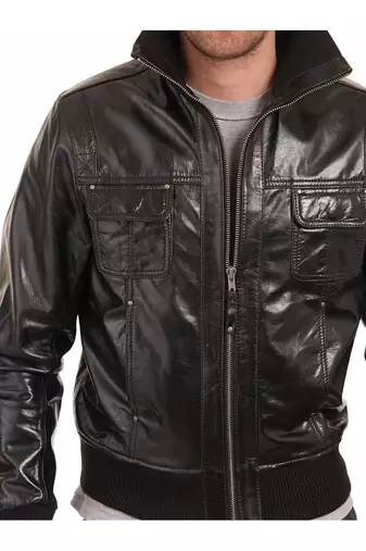 Men's black real leather everyday wear stylish bomber jacket