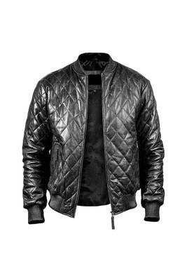 Men's black genuine leather fashion outerwear full quilted bomber jacket 1
