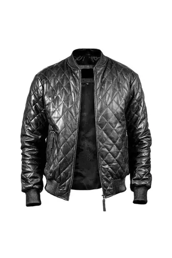Men's black genuine leather fashion outerwear full quilted bomber jacket