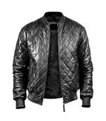 Men's black genuine leather fashion outerwear full quilted bomber jacket
