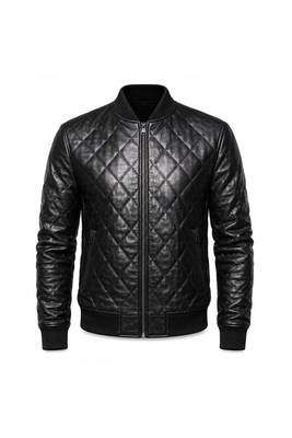 Men's black genuine leather fashion outerwear full quilted bomber jacket 2