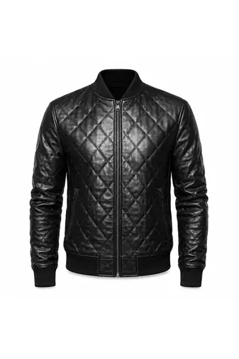 Men's black genuine leather fashion outerwear full quilted bomber jacket