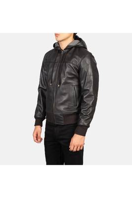 Men's brown genuine leather casual style hoodies jacket 2