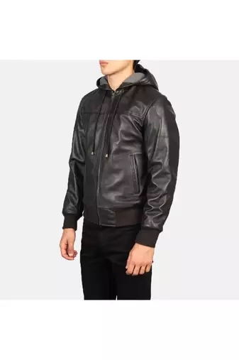 Men's brown genuine leather casual style hoodies jacket