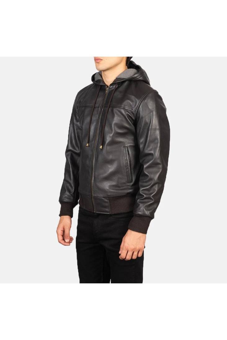 Men's brown genuine leather casual style hoodies jacket