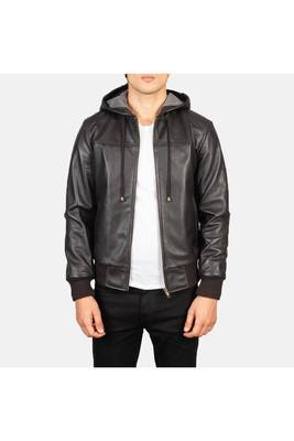Men's brown genuine leather casual style hoodies jacket 3