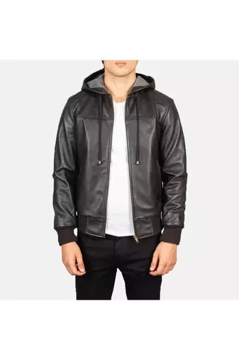 Men's brown genuine leather casual style hoodies jacket