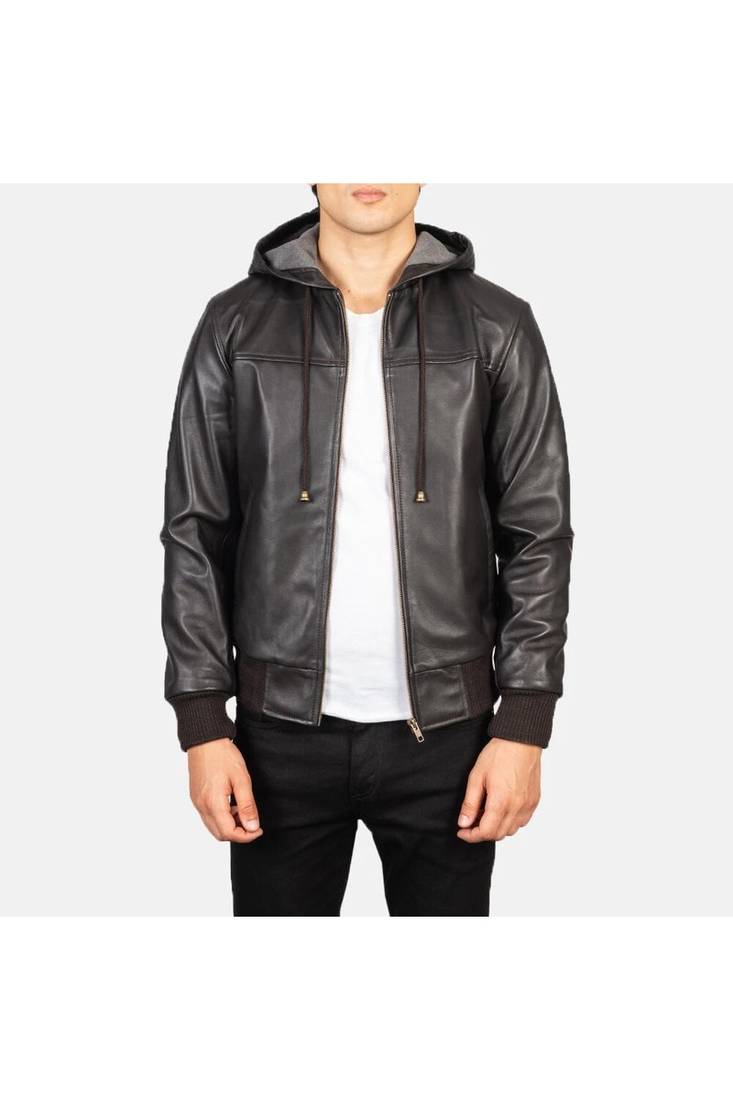 Men's brown genuine leather casual style hoodies jacket