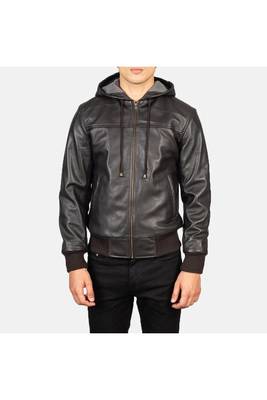 Men's brown genuine leather casual style hoodies jacket 4