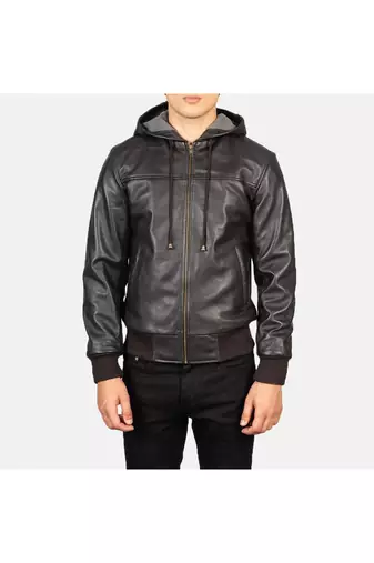 Men's brown genuine leather casual style hoodies jacket