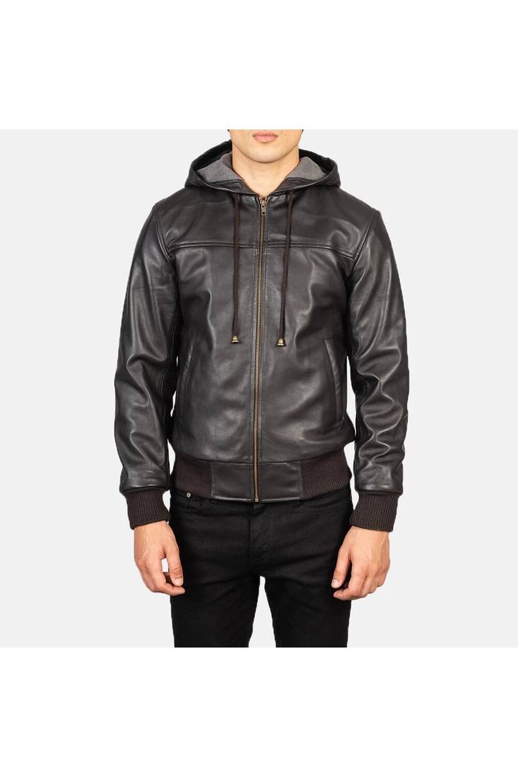 Men's brown genuine leather casual style hoodies jacket