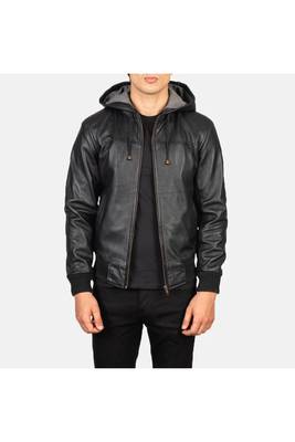 Men's genuine black leather casual style hoodies jacket 1
