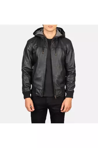 Men's genuine black leather casual style hoodies jacket